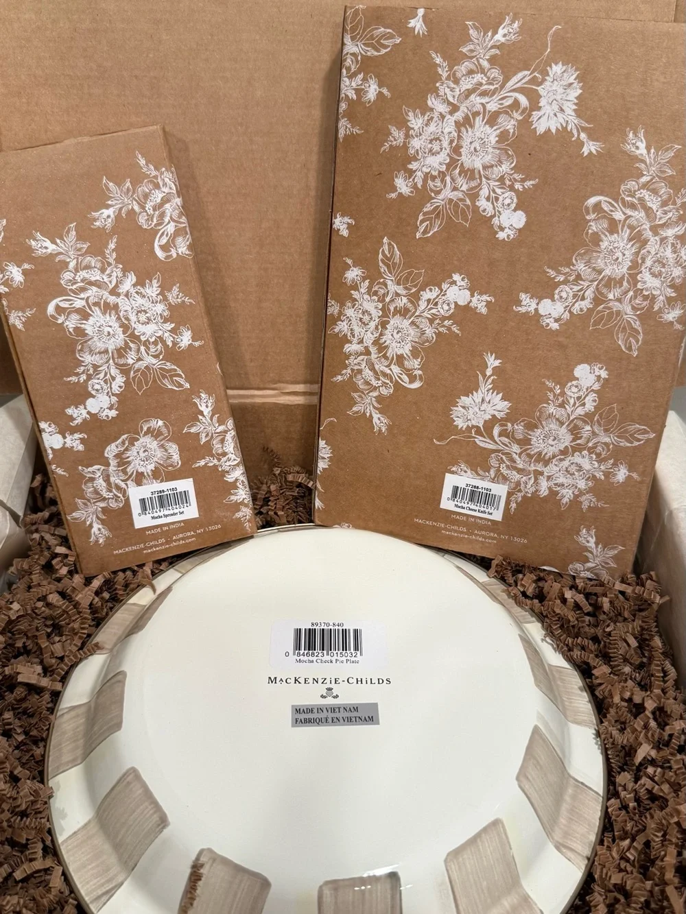MacKenzie-Childs Mocha Check Serveware with Gold Accents